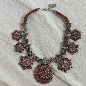 Elegant Floral Silver and Red Necklace